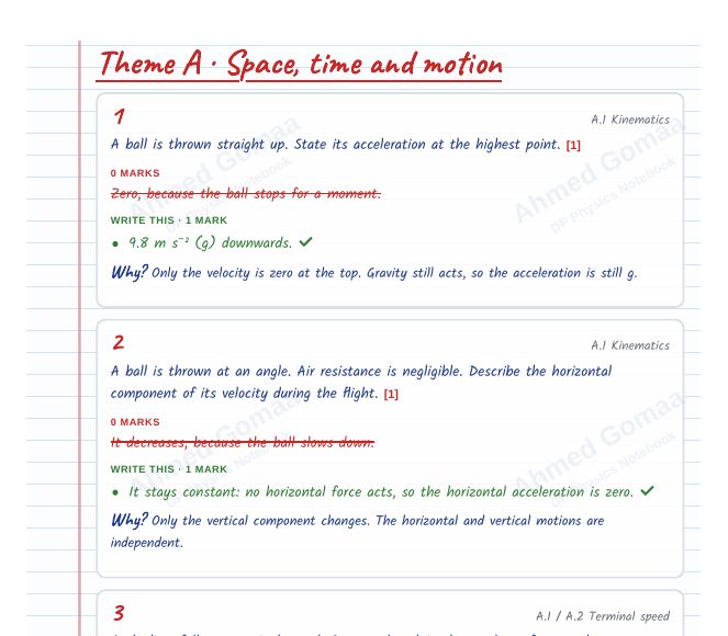 A page from the PDF: question cards with a crossed-out 0-mark answer and the answer that gets the marks